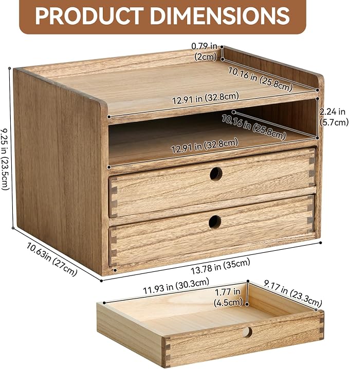 KIRIGEN Wooden Desk Organizer with 2 Drawers and Top Tray, Brown 3D2C-DBR | Three-Tier Desktop Storage Cabinet Stores Papers, Office Supplies, Cosmetics, Crafts, and Small Accessories for Home Office - Image 2