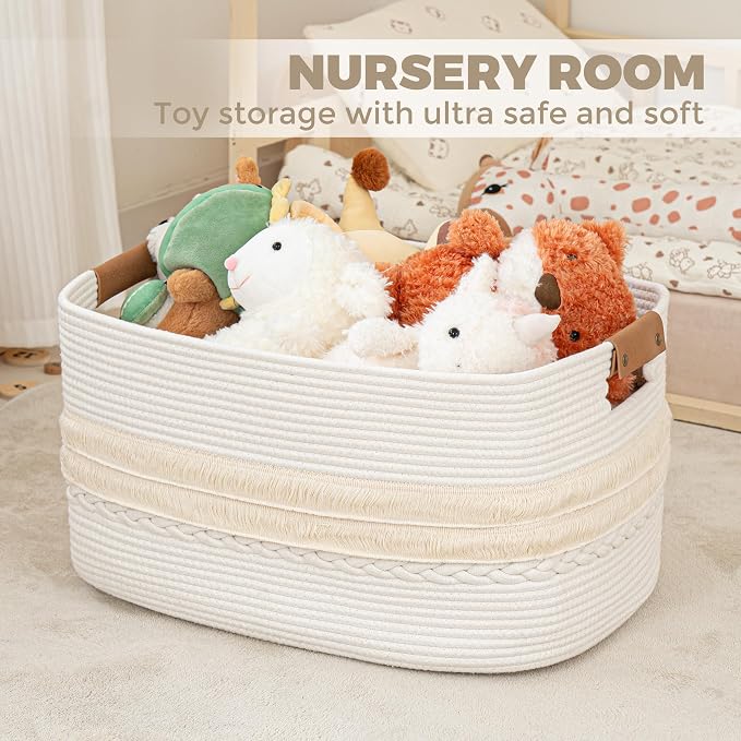 108L Large Basket for Living Room, Boho Decorative Basket Organizing with Handles, Cotton Rope Storage for Toys, Pillows, Clothes, 25’’*16’’*16’’ White - Image 4