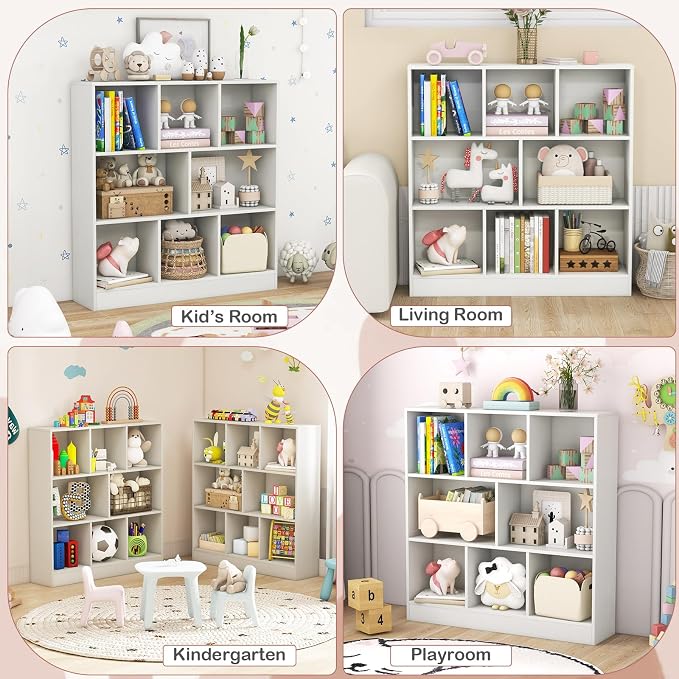 HONEY JOY Kids Toy Storage Organizer, 8-Section Wooden Floor Storage Cabinet, 41” Daycare Toy Chest, 3-Tier Kids Display Bookshelf for Classroom, Playroom & Nursery, Kindergarten (White) - Image 7
