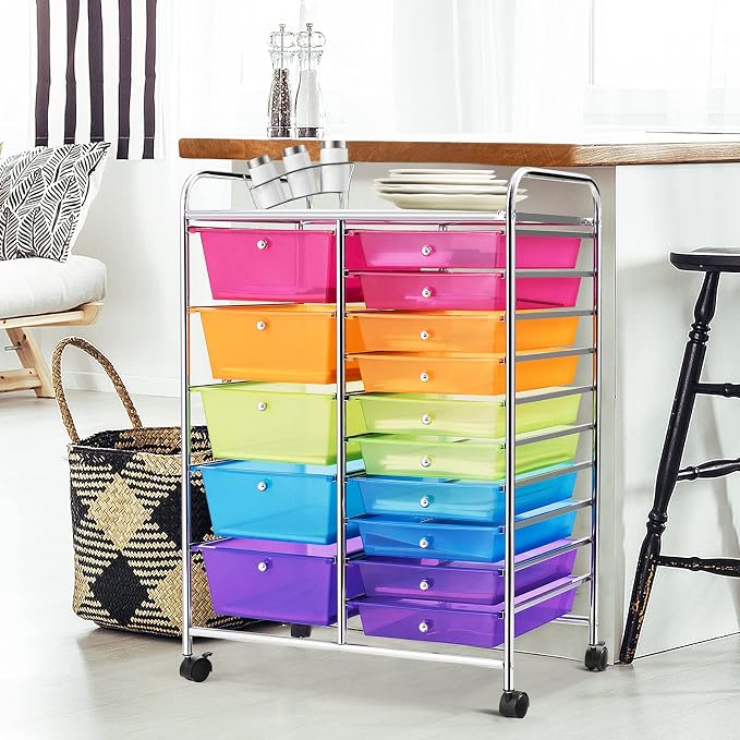 DREAMADE Rolling Cart with 15 Drawers, Utility Cart with Removable Storage Drawers, Lockable Wheels, Art Cart for Home Office Living Room Art Supplies Crafts (Rainbow, 25"L x 14.5"W x 34.5"H) - Image 9