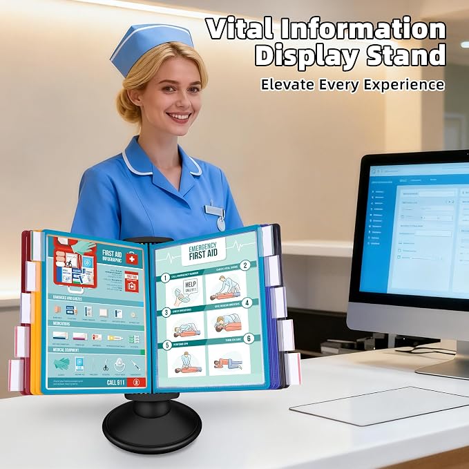 10-Pocket Desktop Reference & Display System with 360° Adjustable Base, Fast Flip & Find Desk Reference Organizer, A4/Letter Size 10 Double-Sided Panels with 5-Color Borders & Index Tabs, Black - Image 6