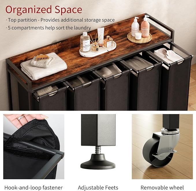 Herture Laundry Hamper with Shelf, Laundry Basket 5 Section, Laundry Sorter with Pull-Out Removable Large Bags and Movable Wheels, Metal Frame, 5 x 15.87 Gallons (60L), Rustic Brown + Black PF08XLY - Image 3