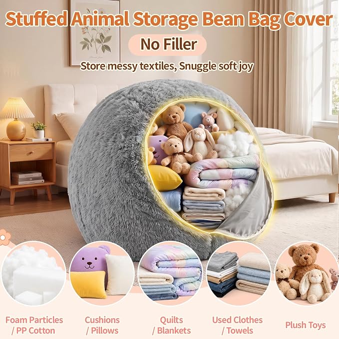 Stuffed Animal Storage Bean Bag Chair Cover, Soft Bean Bag Cover | Fluffy Faux Fur Stuffed Animal Storage Chair, Non-Slip Bottom, Fill with Plush Toys or Blankets, for Adults Teens Kids Girls - Image 3