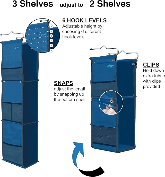 ABRA® 3 Shelf Hanging Locker Organizer for School, Gym, Work, Storage | Wide Shelves 6.5”x 9”| Eco-Friendly Fabric Healthy for Children | Adjustable School Locker Shelf from 3 to 2 Shelves (Navy Blue) - Image 5