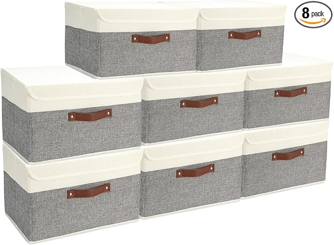 SAMORADREA 8 Pack Storage Bins Foldable Storage Boxes Fabric Storage Box with Lid & Handle Large Washable Organizer Bulk for Office, Home, Books, Clothes, Bedroom, Closet, (15INx10INx10IN White/Grey) by storage
