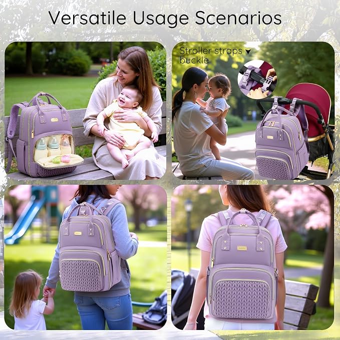 AIJIEKE Diaper Bag Backpack, Large Multi-functional Diaper Backpack, Purple | Waterproof lightweight baby backpack. With changing pad, stroller straps, insulated & wet/dry pocket. Mom & dad essential - Image 3