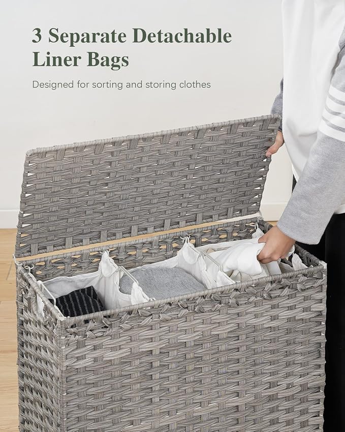 SETVSON Laundry Hamper with Lid, 35 Gal 3-Bag Clothes Sorter, Gray | Large Family Laundry Trunk with Lid, 3 Compartment Sorting Liner, 6 Wash Bags, Elevated PE Rattan Bin with Handles - Image 3