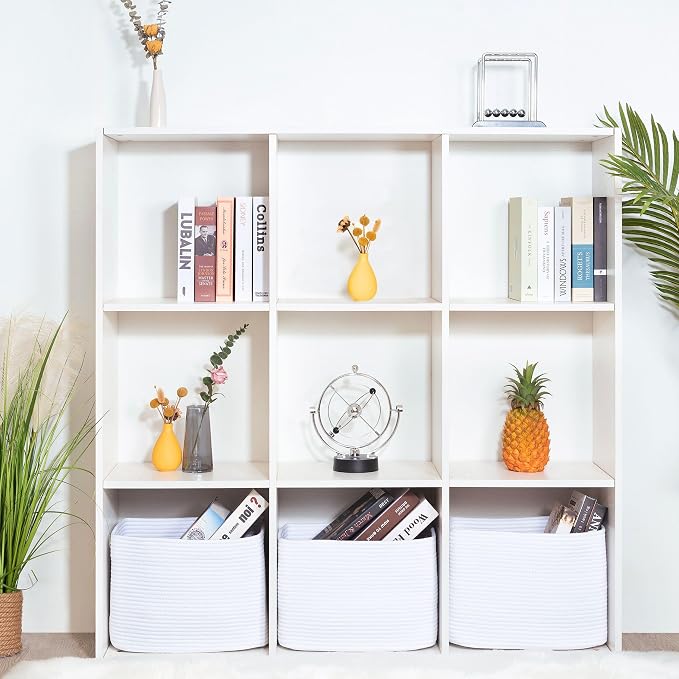 3-Pack Decorative Woven Storage Baskets for Shelves, Cube Bin Box for Organizing Books, Shoes, Dog Toys, Pantry Closet and Living Room Organizer, Full White - Image 5