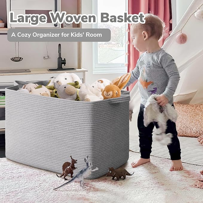 Goodpick 105L Extra Large Woven Rope Blanket Basket, Rectangle, Gray | 25'' x 16'' x 16'' Storage Basket for Blankets, Pillows & Clothes, Living Room & Bedroom Organization, Reinforced Handles - Image 2