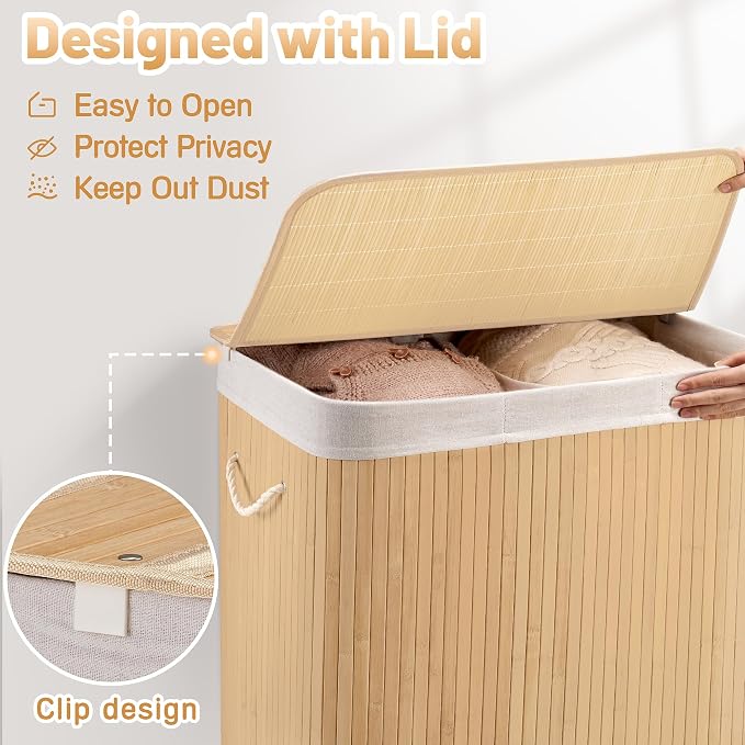 Aliphon 100L Laundry Hamper with lid, 2-Section Clothes Laundry Basket with Handles, Large Collapsible Bamboo Baskets for Bedroom, Bathroom, Dorm, Natural Beige - Image 7