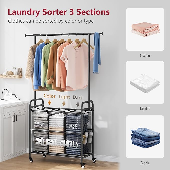 Laundry Sorter with Hanging Bar, 3 Section Laundry Hamper, Black | 39 Gal Laundry Sorter with Hanging Rod and Removable Bags, Divided Laundry Basket Organizer for Bedroom, Bathroom, Home - Image 4