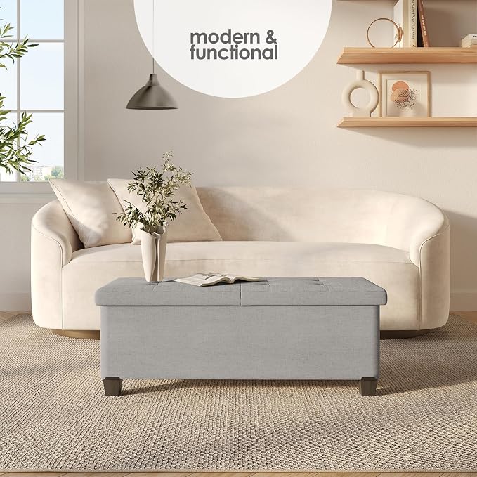 Storage Ottoman Bench with Bins, 43-in Storage Bench for Bedroom End of Bed, Folding Foot Rest Ottoman for Living Room Max 660lbs, Fabric Ottomans, Light Grey - Image 2