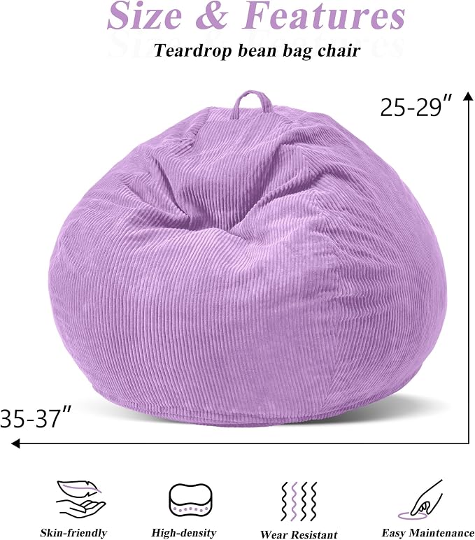 3FT Bean Bag Chair for Adults,3' Big Teardrop Beanbag with Filler | Beanbag Chair with Memory Foam Filled,Bean Bags with Handy Handle&Machine Washable Cover for Living Room,Bedroom-Purple - Image 2