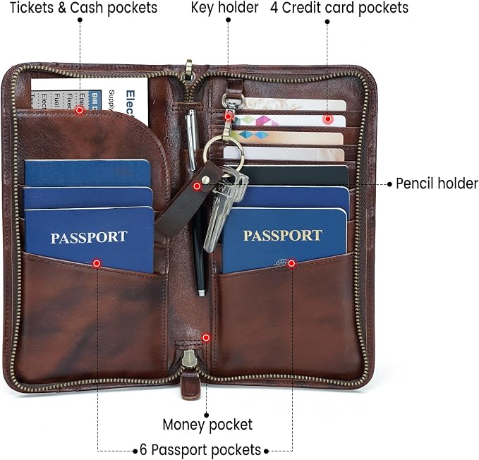 Polare Full Grain Leather Family Travel Passport Wallet and Documents Organizer RFID Blocking Case Holder Fits 6 Passports for Men and Women - Image 4