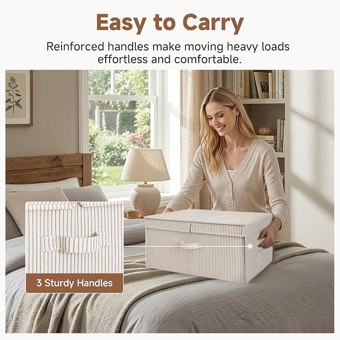 StorageWorks Extra Large Storage Bins with Lids, 55L Decorative Organizer with Divider Board, Fabric Boxes with Handles, Khaki and Beige Stripes, 2-Pack - Image 6