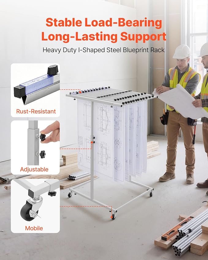 VEVOR Blueprint Storage Rack, Mobile Blueprint Holder with 12 Pivot Brackets, Plan Holder Adjustable Height & Length, Poster Display Rack for Office and Home (Rack Only Without Clamps) - Image 2