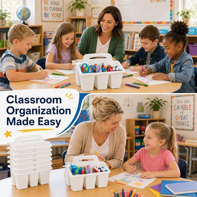 8 Pack Classroom Caddy Storage Basket with Handle 4 Compartment Storage Caddy Plastic Arts Crafts Caddies Protable Classroom Craft Caddies for Kids Schools Art Craft Supplies(White) - Image 6