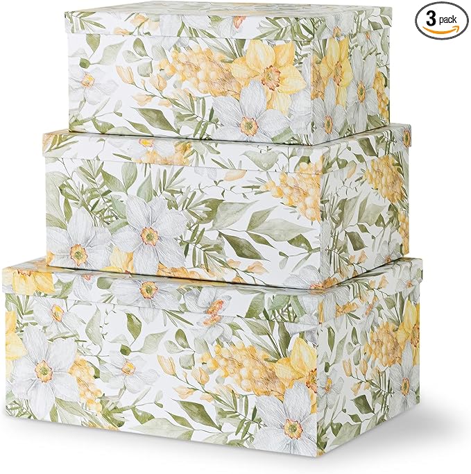 Soul & Lane - Garden Glory Decorative Storage Boxes with Lids, Set of 3 | Stackable Cardboard Photo Storage Containers for Keepsakes and Gifts, Yellow Flower Boho Print Boxes, Home Decor Set by SoulLane