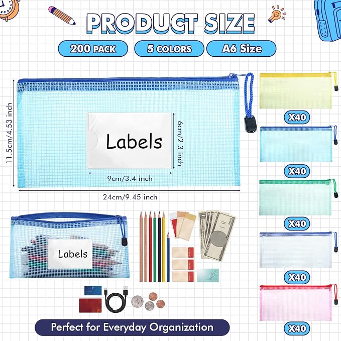 Handepo 200 Pack A6 Mesh Zipper File Bags with Label Cards, 9.45x4.53 in Waterproof Plastic Pouches, 5 Color Small Pencil Case for Office School Home Organization and Bill Stationary - Image 2
