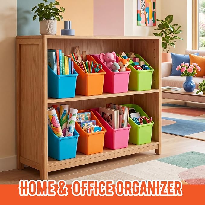 Geetery 12 Pcs Book Bin for Classroom with Labels Stackable Plastic Organizing Bins 11.5 x 5.4 x 7.5 in Book Holders Storage Bins Box Baskets for Classroom Library Home (Vibrant Color) - Image 4