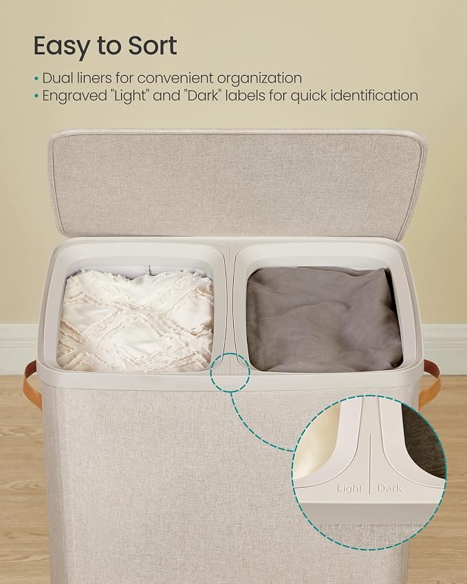 SONGMICS Laundry Basket, 44.9 Gal. Laundry Hamper, 2 Compartments, Easy Assembly, with Lid and Handles, Removable Liners, 22 x 15.7 x 29.5 Inches, Cappuccino Beige ULCB813L01 - Image 3