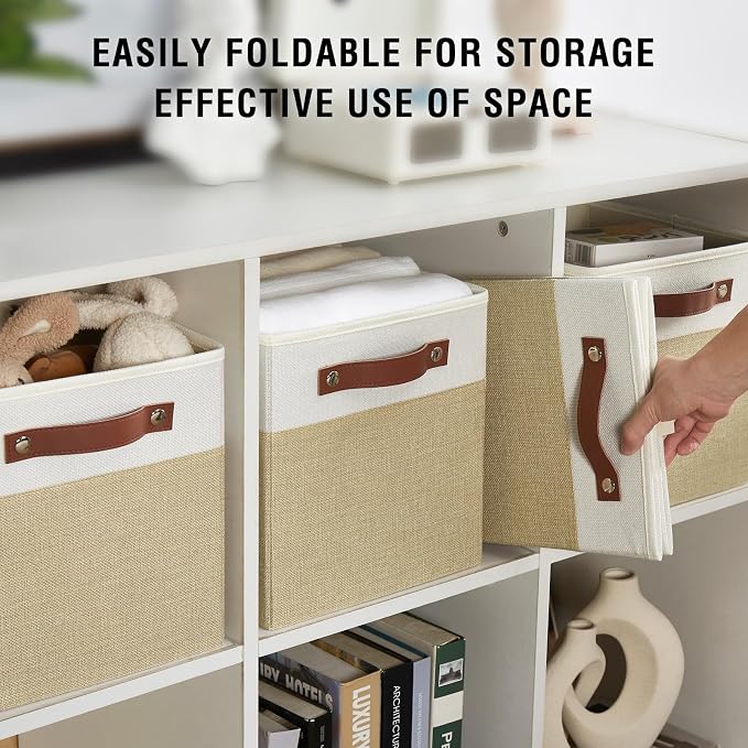 Collapsible Fabric Storage Cube Bins with 2 Reinforced PU Handles, Foldable Storage Organizer Baskets for Closet, Shelves, Living Room | 11"x11"x11", 4 Pack, Beige & White - Image 4