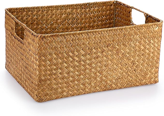 Hipiwe Seagrass Storage Baskets Bin for Shelf Large Handwoven Wicker Basket | Rectangular Bedroom Bathroom Organizer Built-in Handles, Multipurpose Woven Basket Bin Boxes,14.6"x 10.6"x 7.1" by Hipiwe