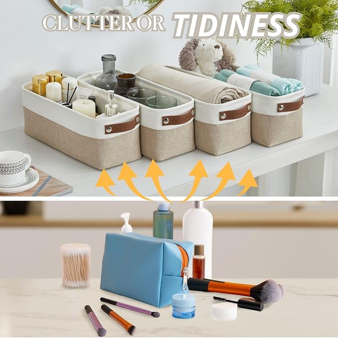 DECOMOMO Narrow Storage Bins, Small Storage Baskets for Shelves 4 Pack | Baskets for Organizing Bathroom, Toilet Tank, Gifts (Beige & White) - Image 9
