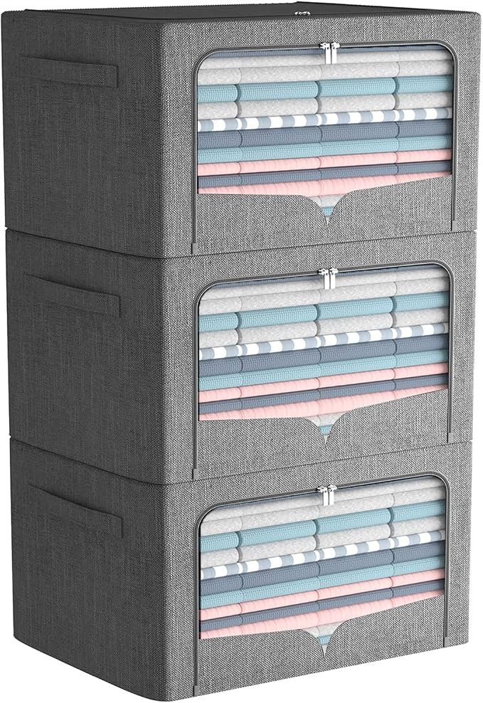 FHSQX 3 Pack Clothes Storage Bins Foldable Metal Frame Storage Box Stackable Linen Fabric Organizer Set with Carrying Handles and Clear Window (Dark Gray, 15.7x11.8x7.8inch(22L)) by FHSQX
