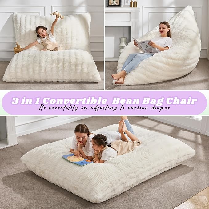 Hobestluk Adult Bean Bag Chair 3 in 1 Convertible Large Bean Bag Sofa | Ripple White,Machine Washable,Removable Cover,Easy Convert And Install, Oversied Floor Bed,For Livingroom Bedroom - Image 4
