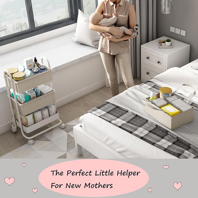 2In1 Baby Diaper Caddy Organizer with Dividers,3-Tier Diaper Rolling Cart,Mobile Metal Utility Cart for Baby Nursery,Baby Bedside Cart, Large Capacity - Image 3