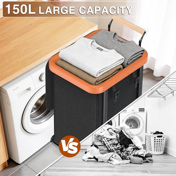 Laundry Hamper with Lid,Leather Patchwork Laundry Basket with Wheels 40Gal | Rolling Laundry Basket with Bag & Handles,Laundry Basket Organizer for Laundry Room,and Bathroom,Laundry Room - Black - Image 4