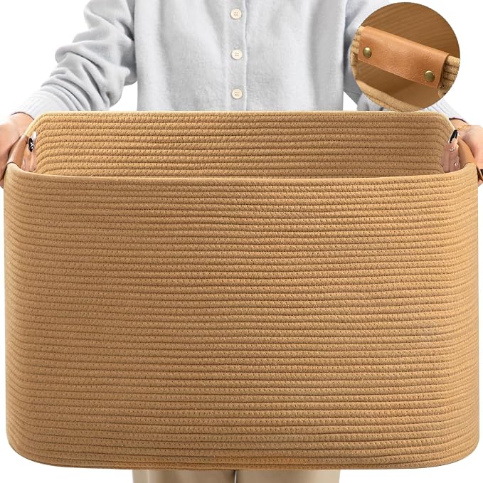 108 L Blanket Basket for Living Room, Toy Basket With Leather Handle, Large Storage Bins for Toys, Pillows, Clothes, Rectangle Large Cotton Rope Basket, 25’’*16’’*16’’ Jute by danpinera