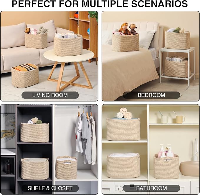 Storage Baskets for Organizing Shelves, Woven Cotton Rope Basket for Storage, Dog Toy Baskets Storage Kids, Cute Shelf Basket for Living Room Bedroom, 14.8"×11"×9.5", Pack of 3, Brown - Image 5