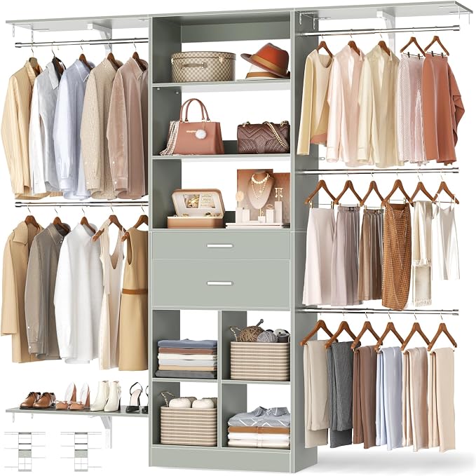 Small Closet System - 5FT Closet Organizer System with Wooden Drawers, 60 Inches Walk In Closet System With 5 Hanging Rods, Can Fit 1.58 to 6.8 FT with Reversible Hanging Shelving, Crab Green by Besiost