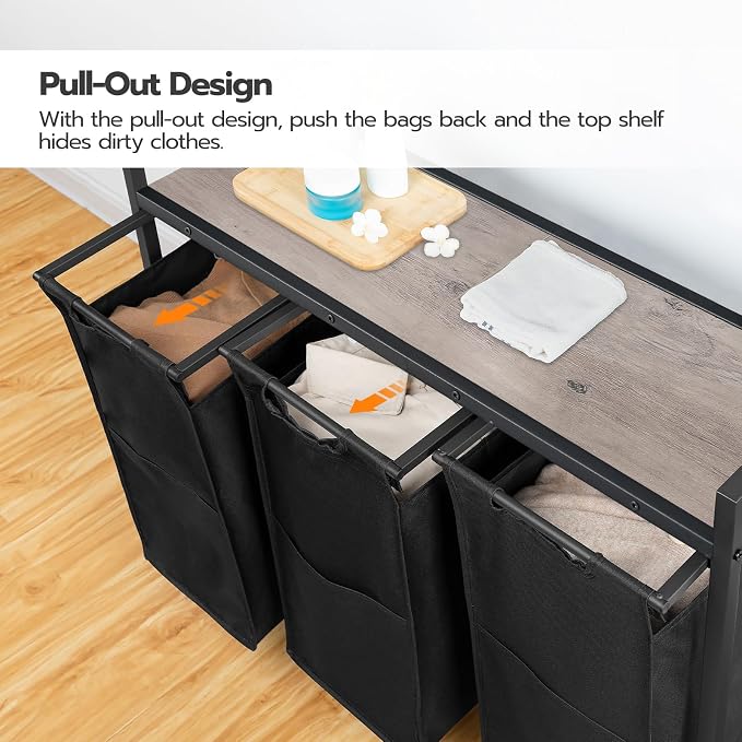 HOOBRO Laundry Sorter 3 Section, Laundry Hamper with Wheels, 3 × 11.5 Gal (43.4L), Rolling Laundry Basket, Pull-Out and Removable Oxford Fabric Bags, Greige and Black BG76XY01 - Image 5
