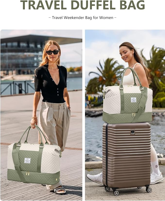 Weekender Bags for Women Duffle Bag - Travel Duffel Bag with Shoe Compartmen Carry on Overnight Bag with Toiletry Bag Gym Tote Bag with Wet Pocket Hospital Bags for Labor and Delivery Beige Green - Image 3