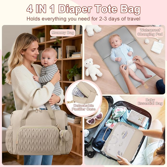 Diaper Tote Bag for Baby 6PCS, Large Mom Hospital Bags with Changing Pad | Mommy Bags for Labor and Delivery, Baby Shower Girl Boy Gift, Mama Bag with Pacifier Case Storage Bag and Shoulder Strap - Image 3