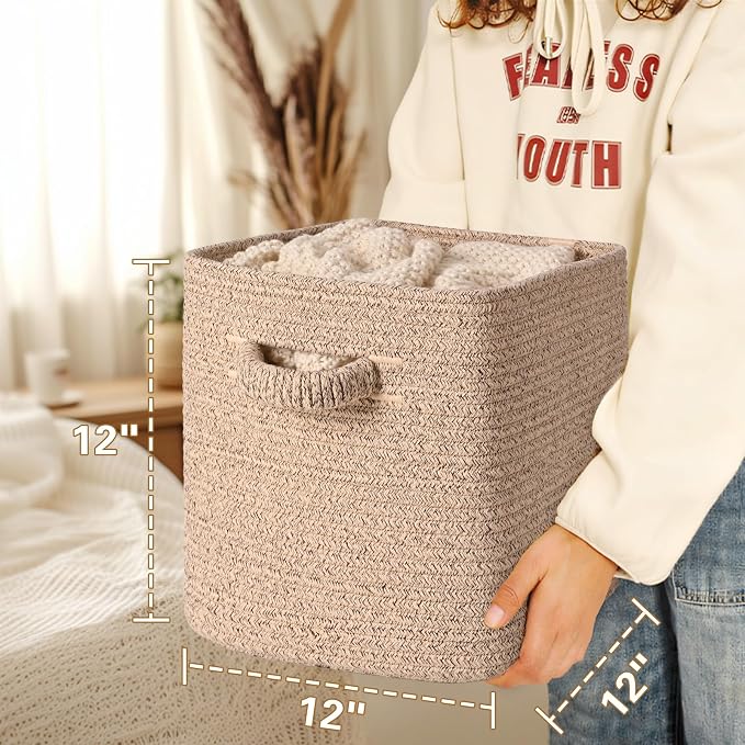 12 Inch Storage Cubes, 3 Pack Cube Storage Bins for Organizing, Cotton Rope Woven Baskets for Shelves, Bathroom, Kids Room, Closets, Baby Nursery - Image 4