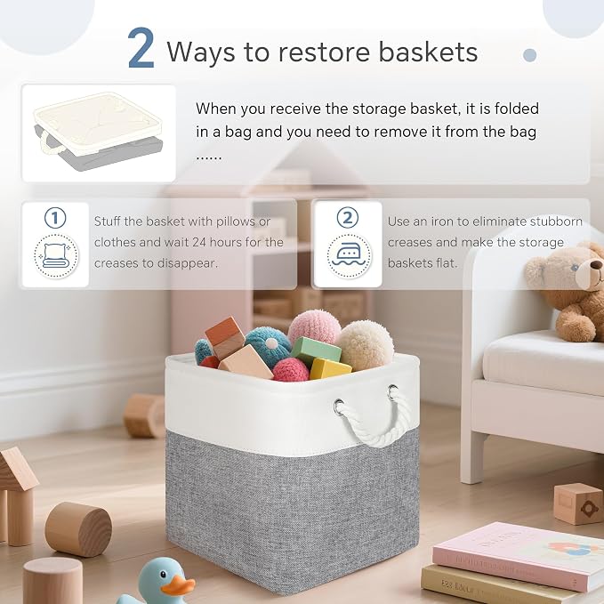 FinishingBo 11 inch Cube Storage Bin with Handles 6 Pack | Foldable Basket, Fabric Storage Bins, Closet Storage, Home Organizer (White/Grey) - Image 7