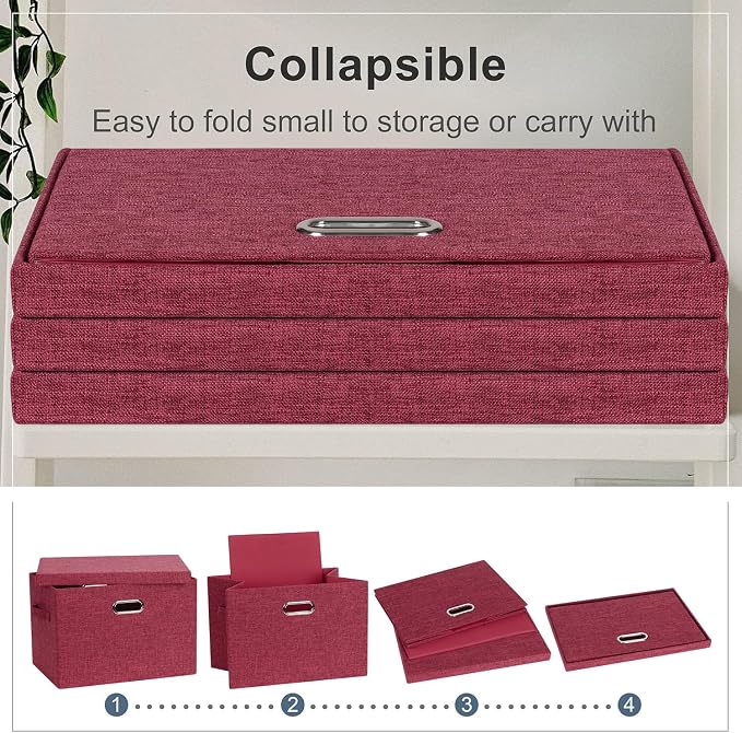 Storage Bins with Lids Fabric Closet Organizers Cubes Office Organization | 36 Quart 3 Pack Bright Red Collapsible Stackable Linen Fabric 4 Handles Bedroom Closet Cabinet Under Bed Clothes Toy Office - Image 4