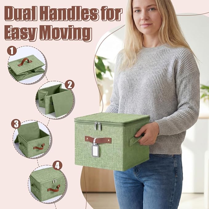 6 Pack Fabric Bins with Lids, 10 x 8 x 7 Inch Fabric Storage Bins with Zipper Lids and Labels, Decorative Foldable Storage Cubes with Handles for Closet Nursery Shelf Organization, Green - Image 4