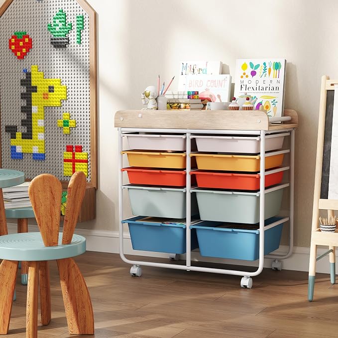 Giantex Rolling Storage Cart with 10 Drawers, Utility Cart w/Wooden Tabletop, Handle, Lockable Wheels, Multipurpose Organizer for Art Craft Scrapbooks Paper, Drawer Carts for School Office, Macaron - Image 2