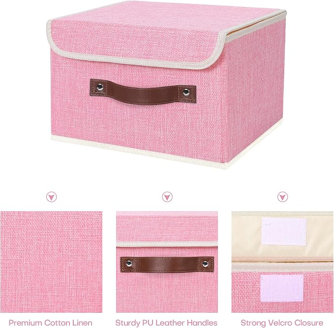 ANMINY Fabric Storage Box Bins with Lids, Pink, 10"x8"x7", 4 Pack | Keepsake Memory Storage, Cotton Linen, PP Board Reinforced, Washable, PU Handles, Foldable & Stackable, Decorative, Small - Image 3