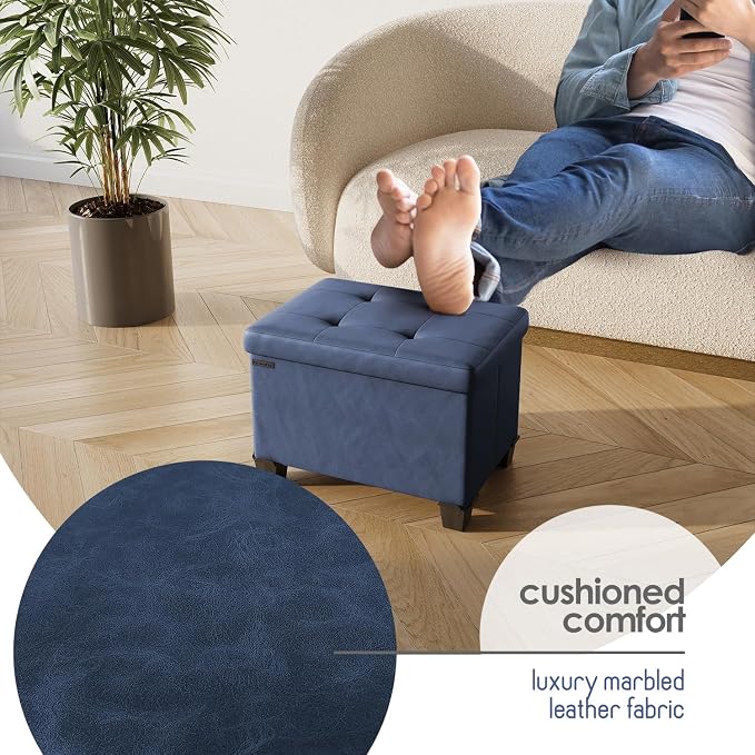 Storage Ottoman Cube with Small Bin, 16-in Square Ottoman with Storage for Living Room and Bedroom, Small Ottomans Foot Rest, Leather Foot Stools Ottomans Max 330lbs, Blue - Image 7