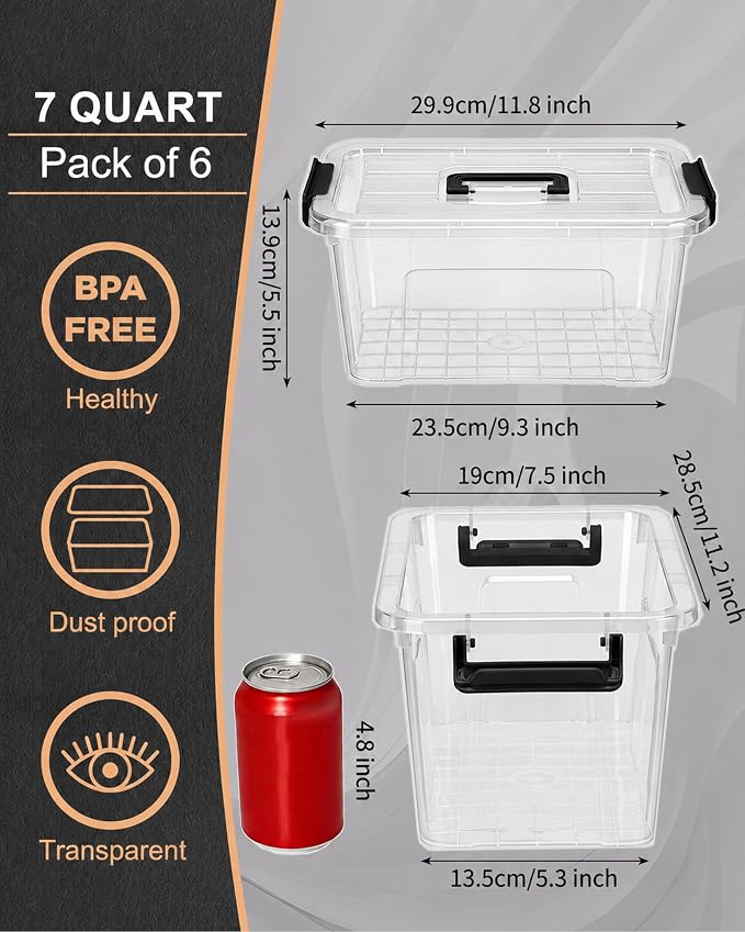EOENVIVS Plastic Storage Bins with Lids 6 Pack Storage Organizer, 7 Quart Stackable Storage Boxes with Buckle Lids and Handle easy for Home Office Pantry Organization, Clear - Image 2
