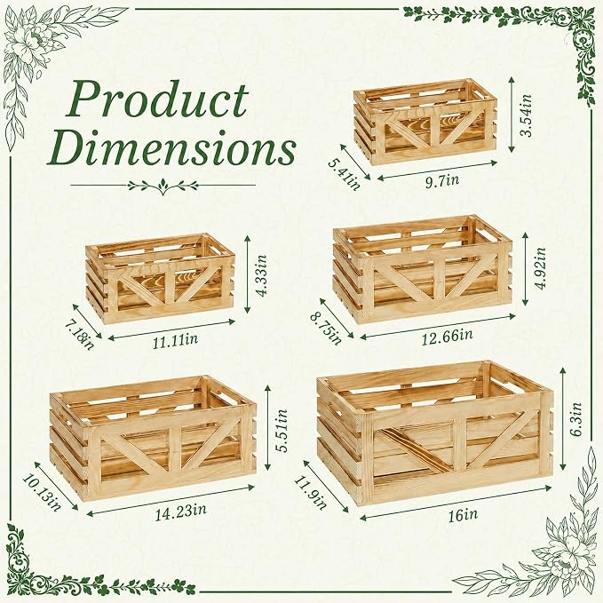 5 Pcs Wooden Crates for Display, Nesting Wood Crate for Storage, 5 Size | Farmhouse Weddings Wooden Basket for Storage Container and Decorations, Rustic Wood Crates for Farmers Market, Birthday, DIY - Image 2