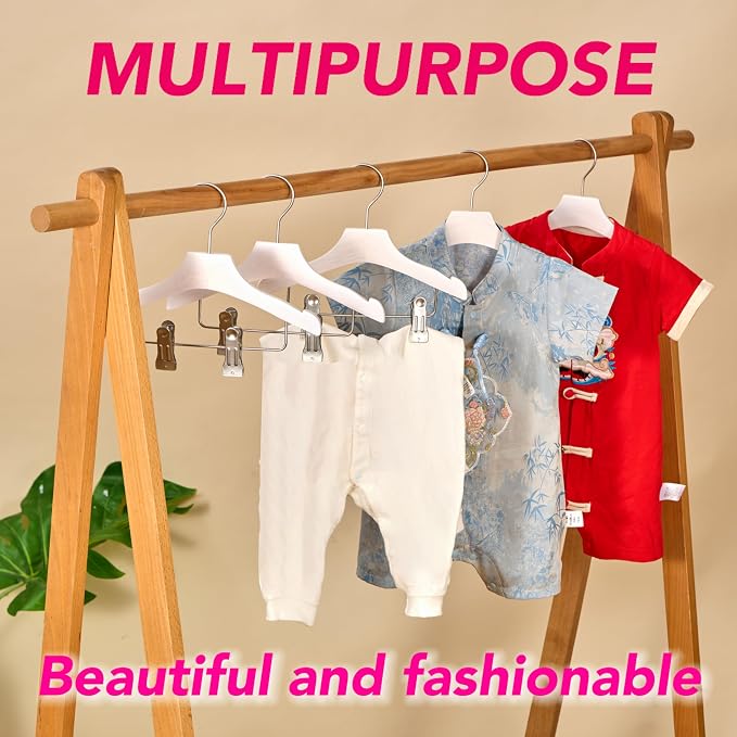 White 9.8" Ultra-Thin Wooden Children Closet Clothes Clips Hangers 12PCS Wood Baby Kids Coat Hangers for Infant Toddler Newborn Jumpsuit Pants Skirts Jeans Space Saving Heavy Duty Durable - Image 9