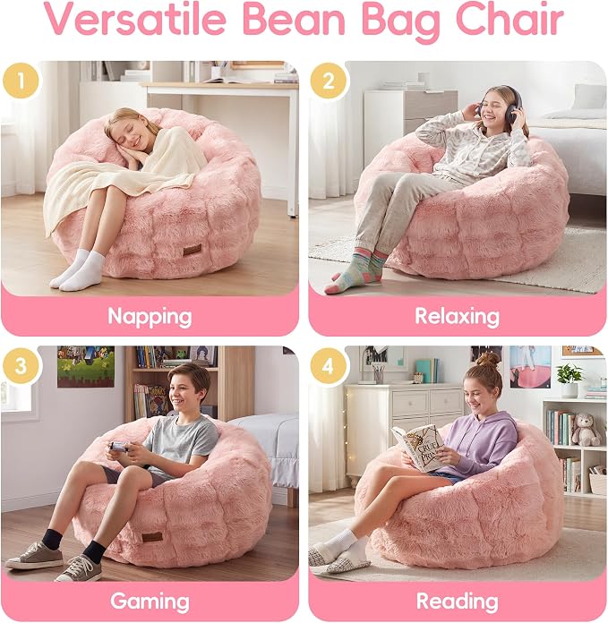 Hobestluk Medium Bean Bag Chairs Donut-Shaped Comfy Sofa Lounge Seat Floor | Pink, Beanbag Chair with Bubble Plush Cover Foam Filling Cozy Lounger Soft Seating for Bedroom Living Room Reading Corner - Image 6