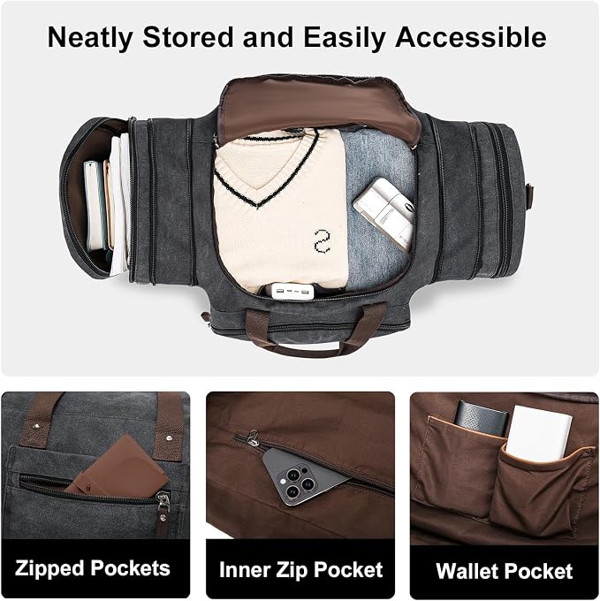 EKOROMIER Large Canvas Duffle Bag for Travel, Expandable 70L Weekender bags | Features Luggage Trolley Sleeve, Multi-Pockets for Traveling, Durable Overnight Carry-On Bag for Men & Women - Dark Grey - Image 6